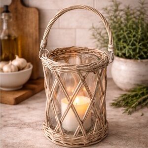 Blossom Bucket Rustic Farmhouse Boho‎ Floral Vase Candle Wicker Handle Basket